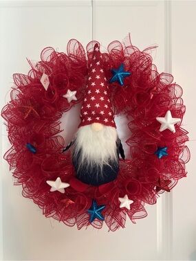 Patriotic Red Gnome Holiday Wreath - Home Holiday Decor Red White Blue